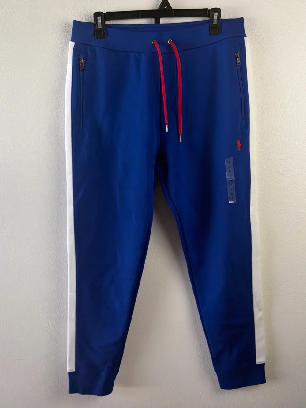 Polo by Ralph Lauren Men's Blue Track Pants with White Side Stripes